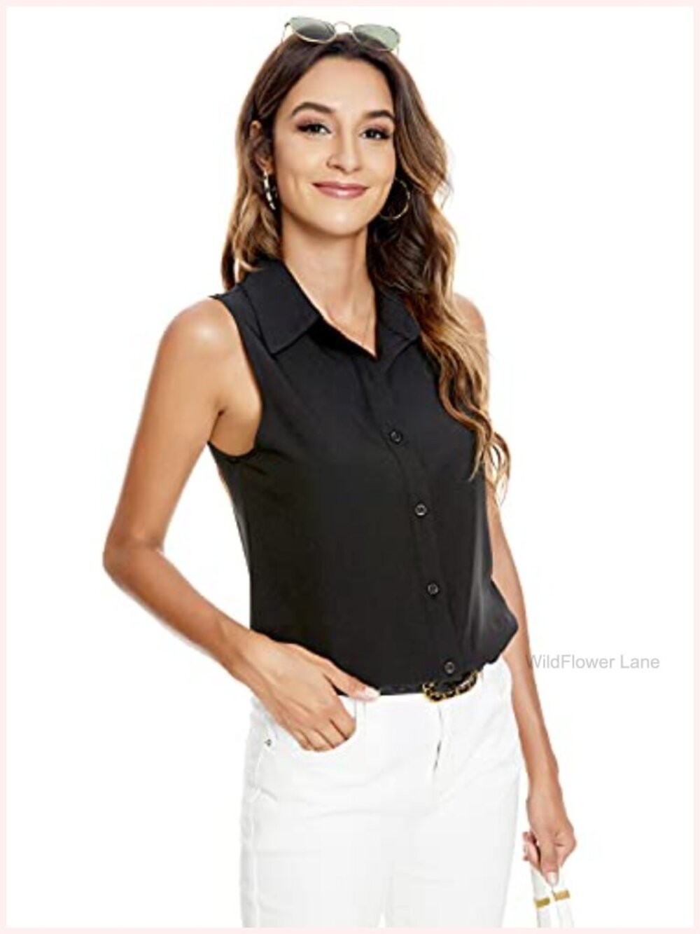 Sleeveless Button Down Blouse Office Work Casual Classic Collar Shirt